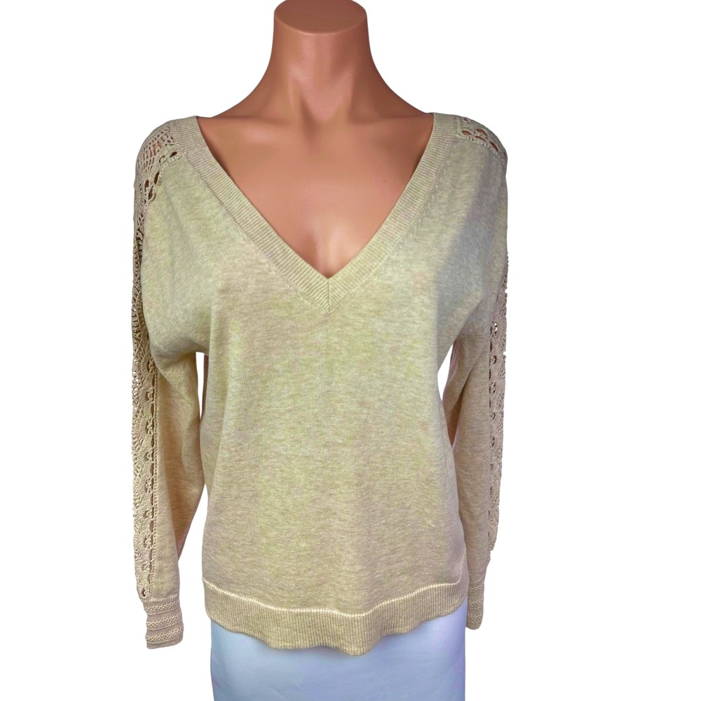 Lisa Todd Sz S Light Brown Sweater Pullover V-Neck Long Sleeve 100% Cotton